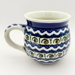 Polish Pottery Bubble Mug 10 oz Boleslawiec Blue Green Handmade Stoneware EUC